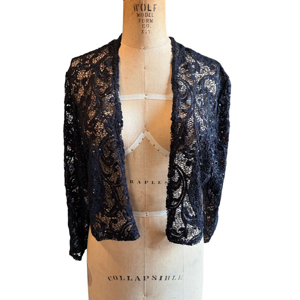 VTG R&M Richards Black Lace Sequin Bolero Jacket XL USA Evening